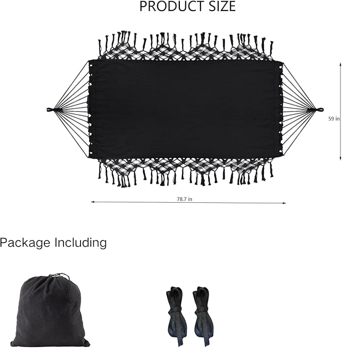 Double Boho Macrame Hammock Cotton Canvas Portable Replacement Hammock 440lbs Load Capacity Black