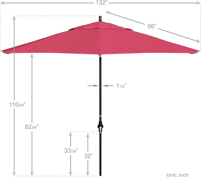 California Umbrella 11Ft Premium Sunbrella Patio Umbrella, Hand-Crank, Tilt-Collar, Bronze Frame, Hot Pink Fabric