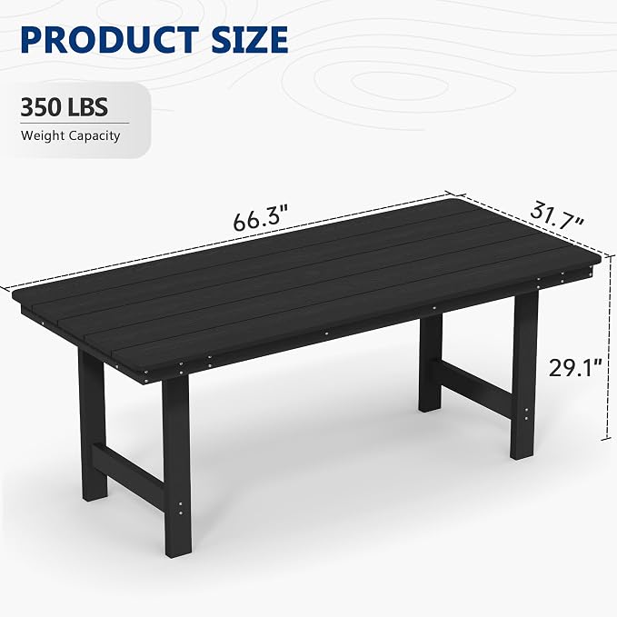 PIZZELLO Patio Dining Table for 6, 66" Rectangular HDPE Outdoor Dining Table with 1.8" Umbrella Hole, All Weather Outdoor Patio Table for Lawn Backyard Garden, Black