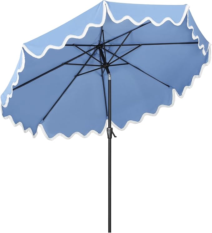 Tempera 9FT Scalloped Tassel Patio Umbrella, Outdoor Market Umbrellas with 8 Sturdy Ribs with Crank & Pust Button Tilt,Fade Resistant Canopy