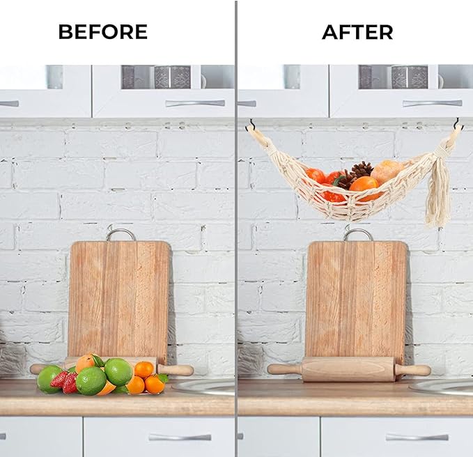 Hanging Fruit Hammock Under Cabinet Hanging Basket Includes Hooks - Macrame Bohemian Hanging Banana Vegetable Hammocks Kitchen Storage Counter Space Saving Decoration at Home, Boat or Rv (Style A & B)