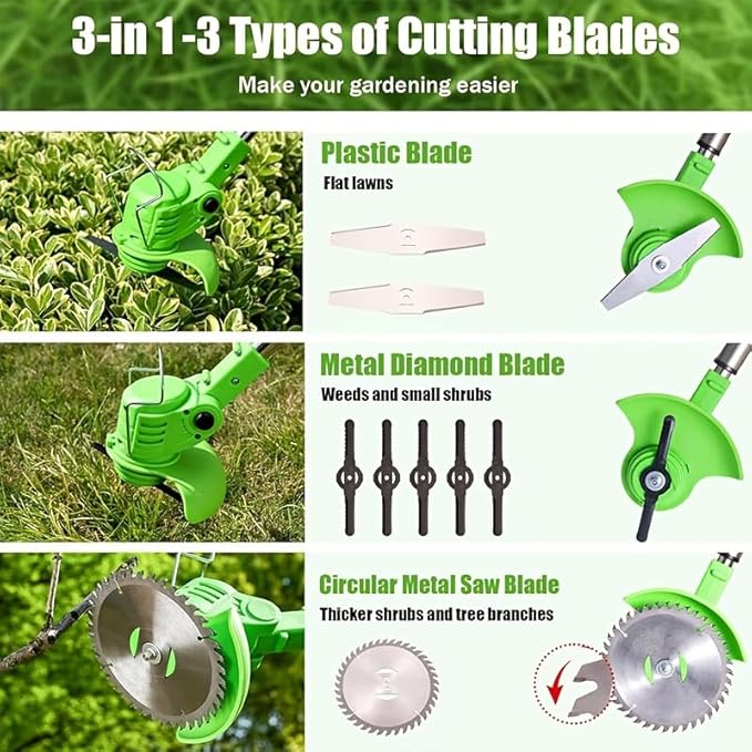 Electric Weed Wacker Cordless, 3-in-1 Weed Eater Electric String Trimmer Lawn with Battery, Charge, Multiple Blades for Yard Garden (1*Battery)