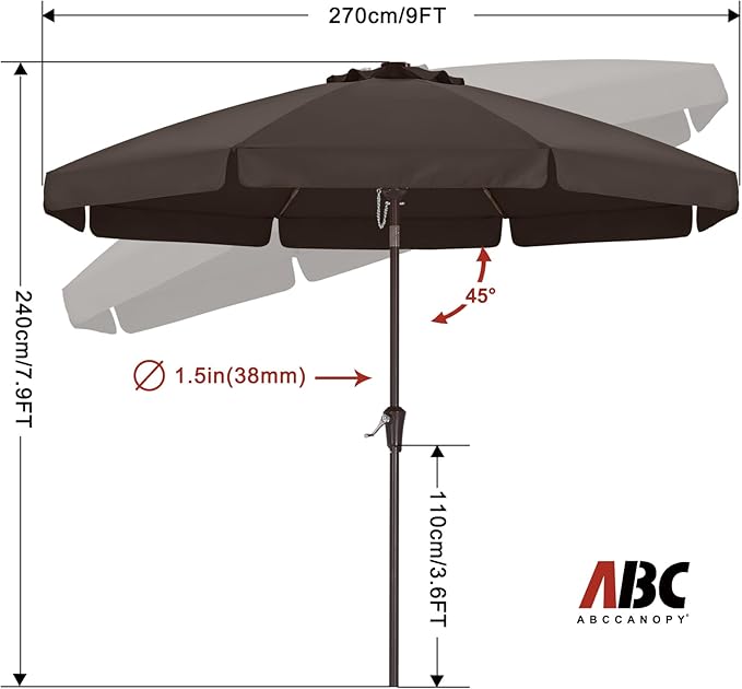 ABCCANOPY 9ft Scalloped Patio Umbrella, Outdoor Table Umbrella with Tilt and Crank, Fiberglass Ribs Deck Umbrella for Patio, Pool, Garden, Picnic (Brown)