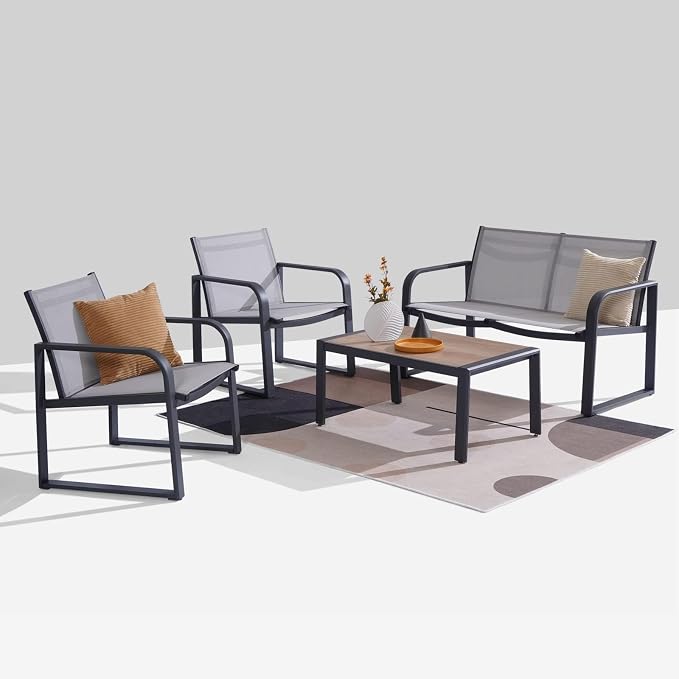 Aluminum Outdoor Patio Conversation Set, 4 Pieces Patio Furniture Sets with Breathable Textilene with Loveseat,Table and Chairs for Yard,Balcony,Grey