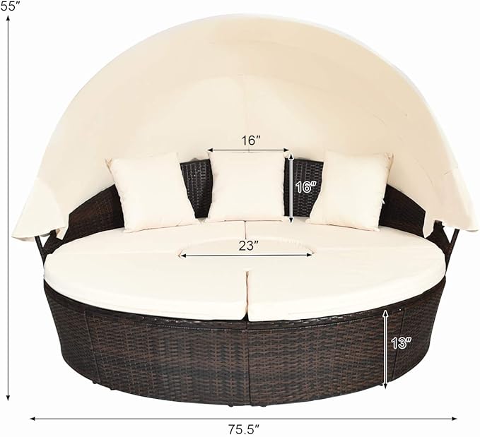 Tangkula Patio Round Daybed with Retractable Canopy, Outdoor Wicker Rattan Furniture Sets, Sectional Sofa Set w/Height Adjustable Coffee Table, Rattan Conversation Sets