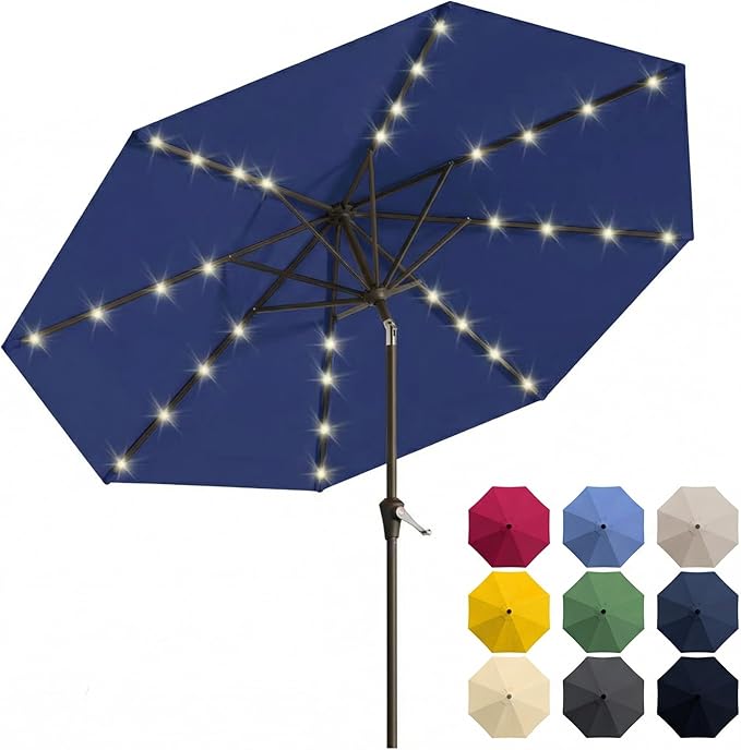 10FT Solar Patio Umbrella with Lights, Outdoor Table Market Umbrella with 32 LED Lights, 8 Sturdy Ribs, Push Button Tilt and Crank for Pool, Deck and Garden, UV-Resistant