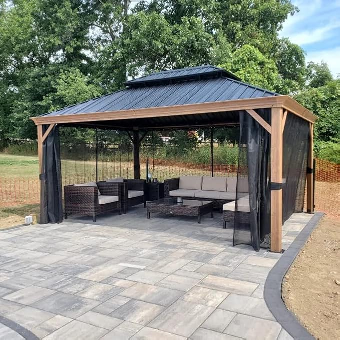 PURPLE LEAF 12' X 16' Outdoor Hardtop Gazebo for Patio Galvanized Steel Double Roof Permanent Canopy Aluminum Frame Pavilion Gazebo with Netting