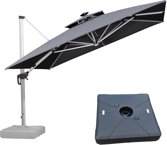 PURPLE LEAF 11 Feet Solar Powered LED Square Cantilever Umbrella With Base Patio Umbrella Windproof Outdoor Offset, Grey