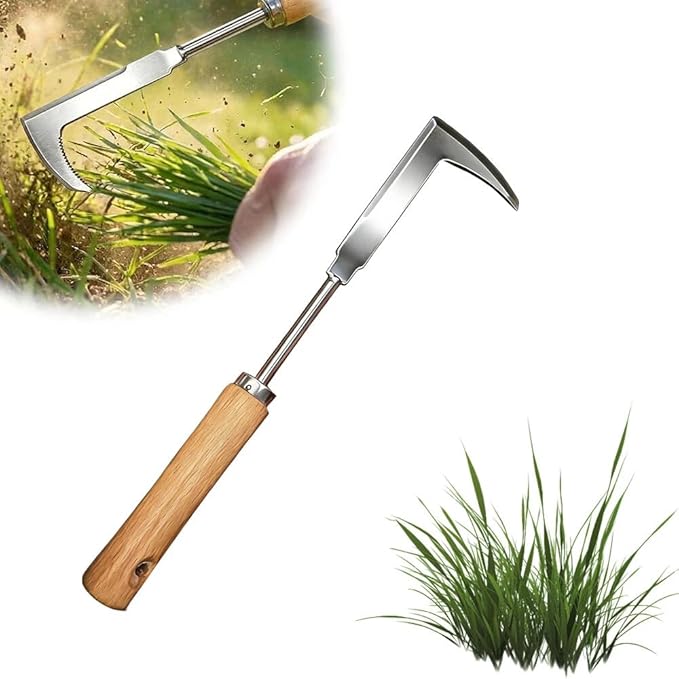 Crack Weeder, 12" Stainless Steel L-Shaped Crevice Weeder Tool with Wood Handle, Heavy Duty Sidewalk Weed Puller Spatula for Garden Patio Lawn, Gardening Hand Tool (C)