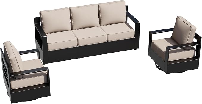 Outdoor Aluminum Furniture Set, 3-Piece Patio Conversation Set, 2 Swivel Chairs and 1 Sofa, All-Weather Metal Frame, 6" Thick Removable Cushions, Deep Setting for Garden, Poolside and Porch