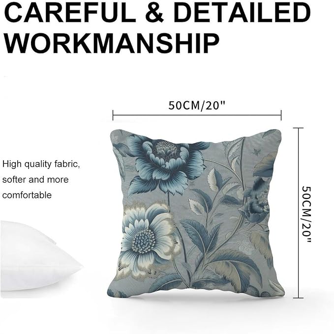 Throw Pillow Covers Spa On Flax Blue Chinoiserie Cushion Cases Retro Blue Grey Asian Flower Pillow Cover Accent Square Couch Sofa Cushion Covers for Patio Couch Sofa Office 20x20 in
