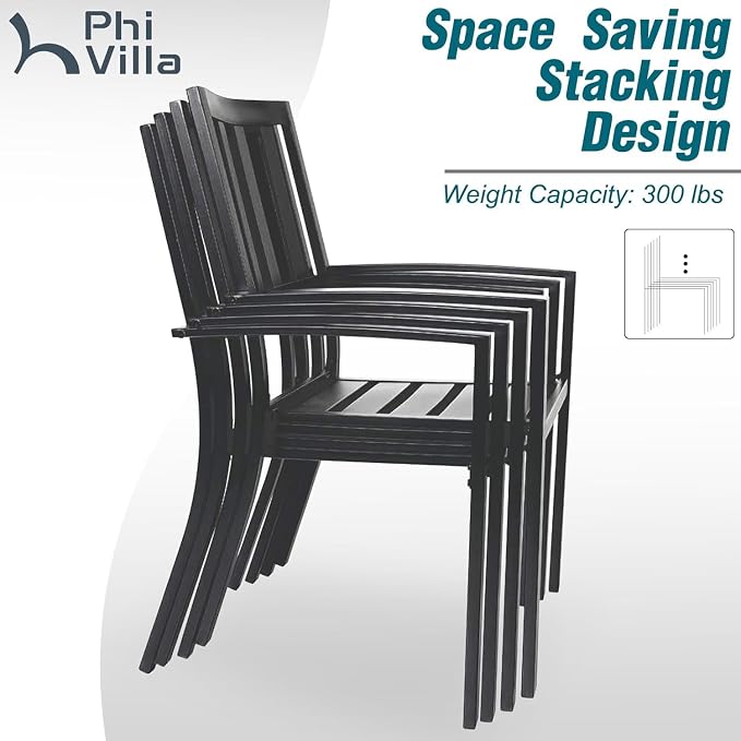 PHI VILLA 7 Piece Patio Dining Set, 64" Steel Table | Outdoor Dining Set for 6 for Patio, Deck, Yard, Garden