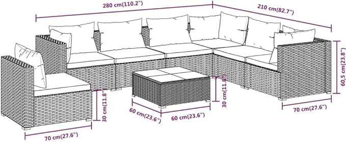 8 Piece Patio Lounge Set with Cushion, Furniture Conversation Sets Outdoor Patio Sectional Piece Patio Set Patio Lounge Set s Poly Rattan Brown