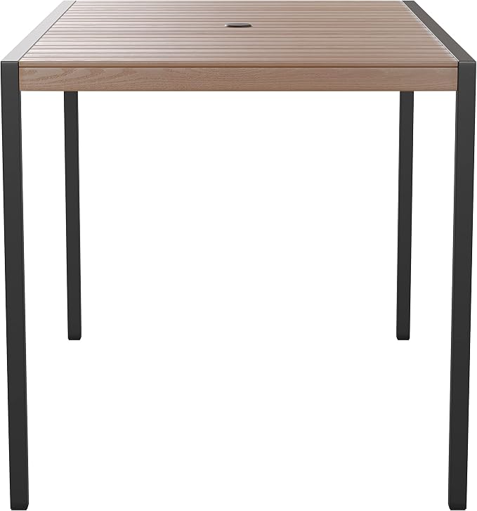 Flash Furniture Lark Outdoor Steel Dining Table with Umbrella Hole - Faux Teak Poly Slatted Top - Commercial Grade Table-Black Frame-30x48 Table Seats up to 4 Adults