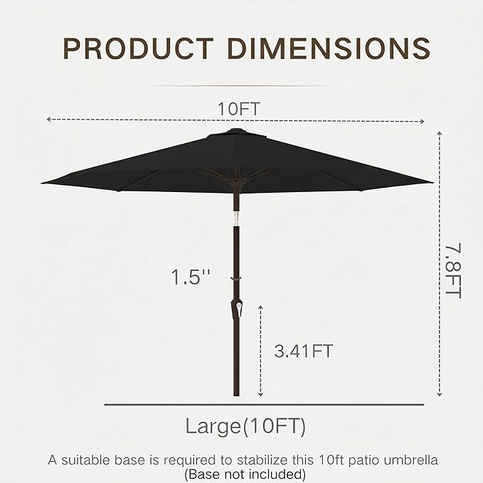 Kingdura 10FT Outdoor Patio Umbrella, Market Table Umbrella with Push Button Tilt and Crank, 8 Sturdy Fiberglass Ribs, UV Protection for Pool, Lawn, Deck, Backyard, Garden (Black)