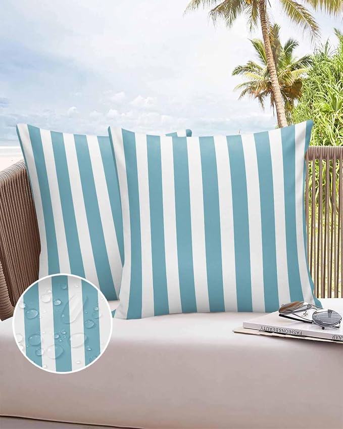 Outdoor Waterproof Throw Pillow Covers 24x24in, Aqua Green Striped Cushions for Garden Patio Furniture Chairs Set of 2, Geometric Line Home Decor Couch Sofa Polyester Pillow Cases