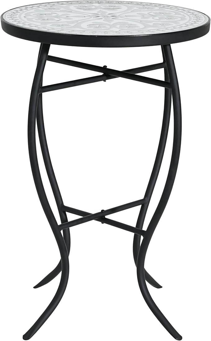 Christopher Knight Home Lora Small Outdoor Side Table with Curved Legs, Patio Decorative End Table for Garden Porch Backyard, Mosaic-Style Round Tabletop, Durable Iron Frame, Grey + Black