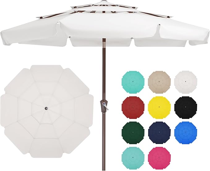 JEAREY 3 Tiers 9 FT Patio Umbrellas Outdoor Table Umbrella with Push Button Market Umbrella 8 Sturdy Ribs UV Protection Waterproof for Garden,Off-white