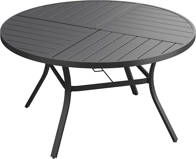 53.1" Outdoor Dining Table with Adjustable Umbrella Hole, Metal Slatted Round Patio Dining Table for Backyard Garden Deck, Black