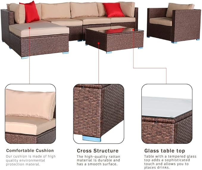 7 Pieces Outdoor Patio Furniture Sets, Outdoor Sectional Rattan Sofa, Wicker Patio Conversation Set, Patio Couch with Coffee Table for Backyard Garden,Patio Couch Outdoor Chairs Coffee Table