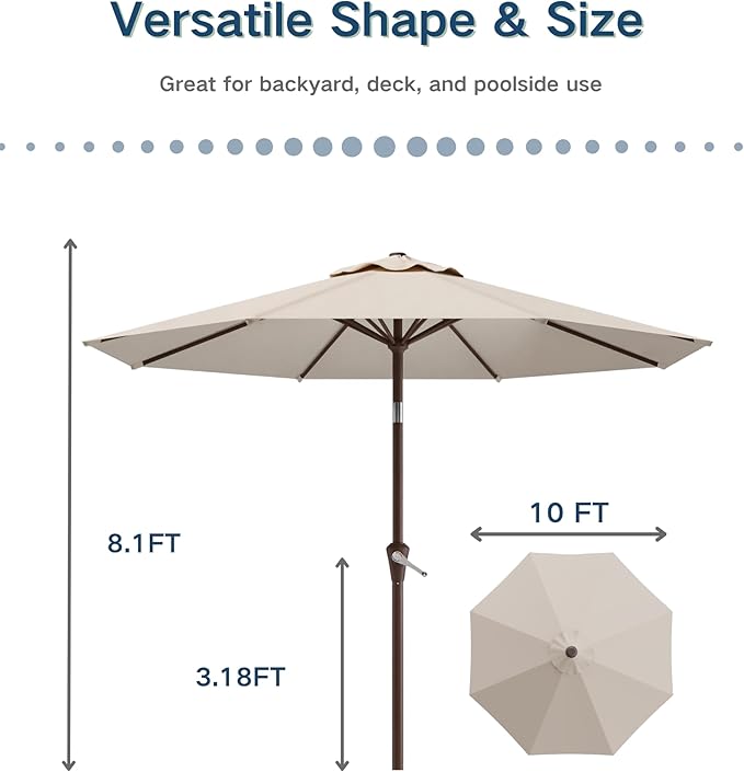 PatioKingdom 10FT Patio Umbrella with Push Button Tilt and Crank, Outdoor Market Umbrella with 8 Fiberglass Ribs, UV Protection Table Umbrella for Pool,Backyard,Garden,Deck