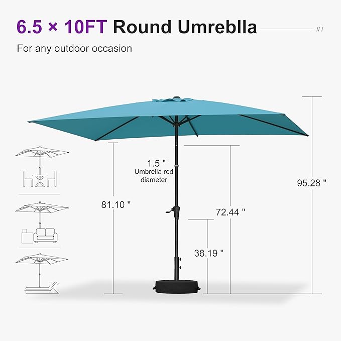 PURPLE LEAF 6.5' x 10' Rectangular Patio Umbrella Outdoor Table Umbrella Aluminum Frame Market Umbrella Sun Umbrella for Garden Deck Lawn Pool Turquoise Blue