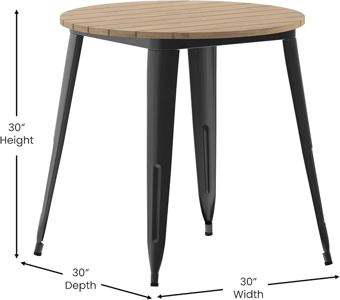 EMMA + OLIVER Drew Dining Table - Brown 30" Round Poly Resin Table Top - Black Steel Base - All-Weather for Indoor/Outdoor Use