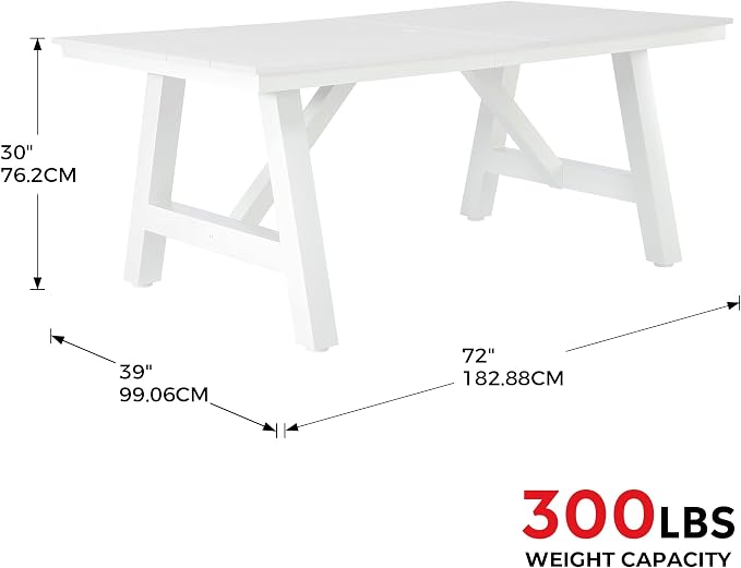 Costaelm Outdoor Dining Tables for Patio, 72" Rectangle 6-Person HDPE Dining Table with Umbrella Hole and Metal Frame for Outside, Garden, Poolside, Backyard, Porch, Balcony, White