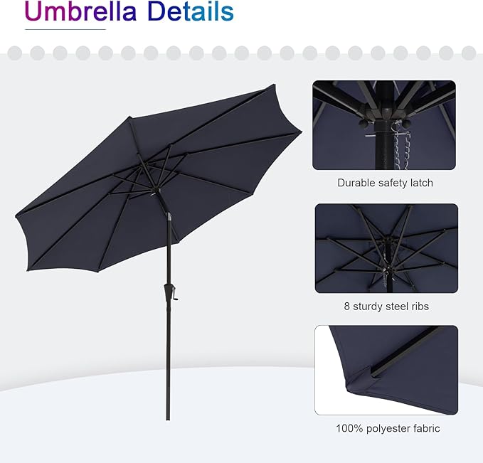 COBANA Patio Umbrella, Outdoor Table Umbrella of 9-Feet with 8 Ribs and Push Button Tilt and Crank, Dark Blue