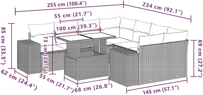 vidaXL Patio Sofa Set with Cushions 9 Piece, Conversation Set with Table and Sectional Sofas, Outdoor Seat for Garden, Modern, Gray Poly Rattan