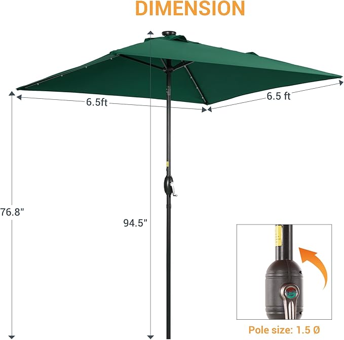 Square Patio Umbrella With Solar Lights, 6.5x6.5ft Square Umbrella Outdoor Patio with Tilt and Crank for Pool, Deck, Garden,Backyard