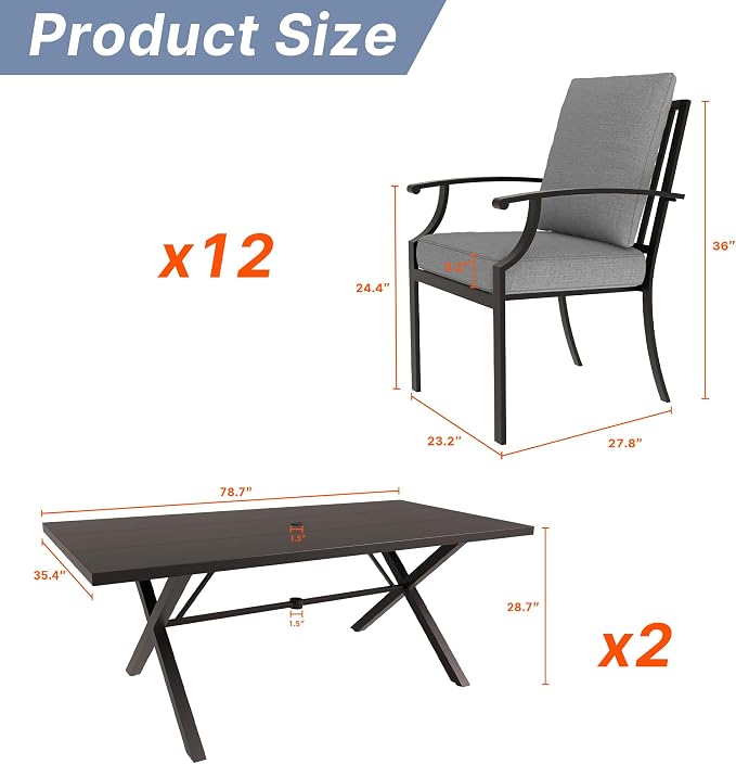 Gotland 14 Piece Outdoor Dining Set, Metal Outdoor Table and Chairs with X-Shaped Legs 1.5" Umbrella Hole, Patio Furniture Set with Waterproof Cushions, Patio Dining Sets for Backyard Deck Gray