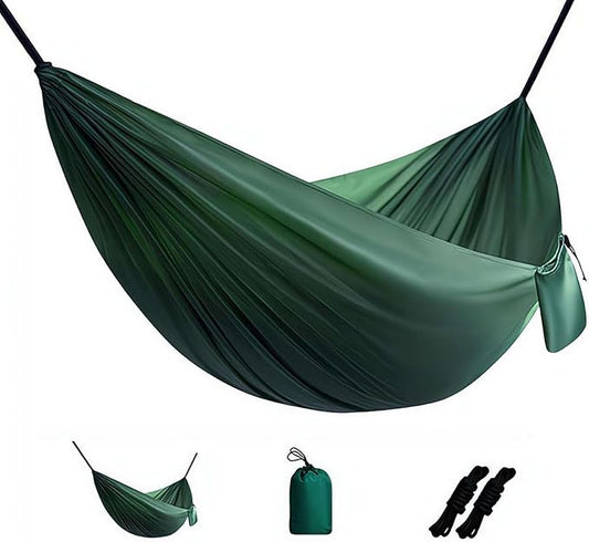 Camping Hammock Lightweight Portable Double Swing with 2 Tree Straps, Heavy Duty Parachute Nylon Bed for Backpacking Hiking Beach, Outdoor Essentials for Backyard Patio Camping Gear (Forest Green)