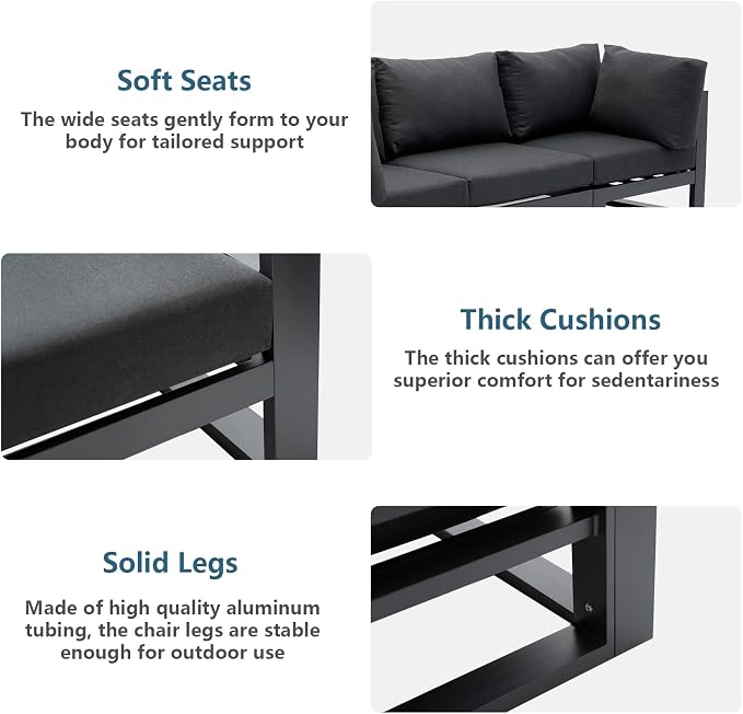 7 Pieces Patio Furniture Set Outdoor Aluminum Sectional Sofa Couch with Square Coffee Table All-Weather Conversation Set with Upgraded Dark Grey Cushions
