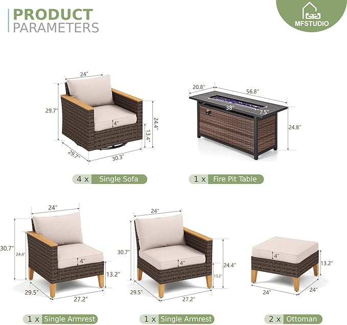 MFSTUDIO 9 Piece Wicker Patio Furniture Sets with 56" Fire Pit Table, 4 x Swivel Chair, 2 x Ottoman, 2 x Corner Sofa, All-Weather PE Rattan Patio Conversation Set Outdoor Sectional Sofas, Beige