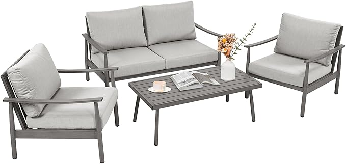 4 Pieces Patio Furniture Set, Aluminum Outdoor Patio Furniture Sets, 2 Armchairs and Loveseat with Thick Cushion, Patio Conversation Set for Backyard Deck Poolside, Greige & Grey
