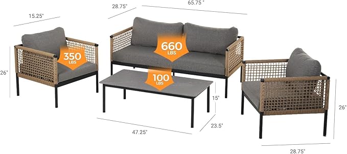 Grand patio 4-Piece Wicker Patio Furniture Set, Boho Outdoor Conversation Set, Patio Sofa Seatings with Coffee Table for Garden, Backyard, Balcony, Gray