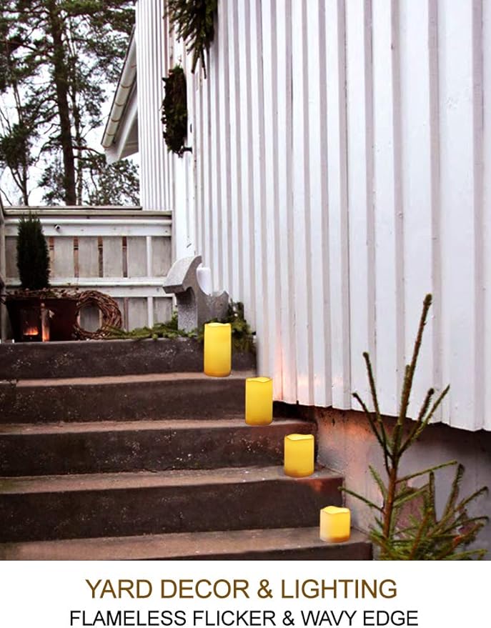 Set of 4 Outdoor Pillar Candles with Timer Waterproof - Battery Operated LED Pillar Candles with Remote 3x3 3x4 3x5 3x6 - Plastic Flickering Flameless Pillar Candles Unscented for Outside