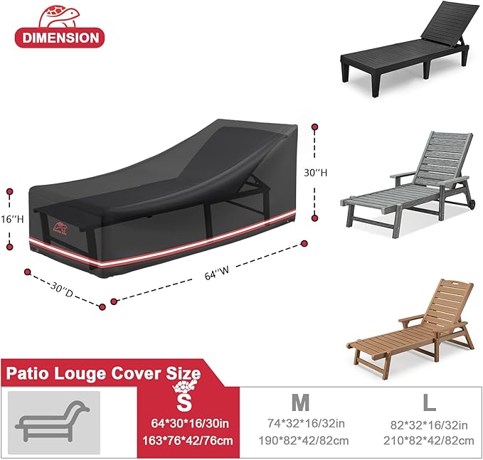 Turtle Life Patio Lounge Chair Cover Waterproof Heavy Duty Outdoor Chaise Lounge Covers with Upgrade Air Vent, 1 Pack - 64L x 30W x 30H inch, Black