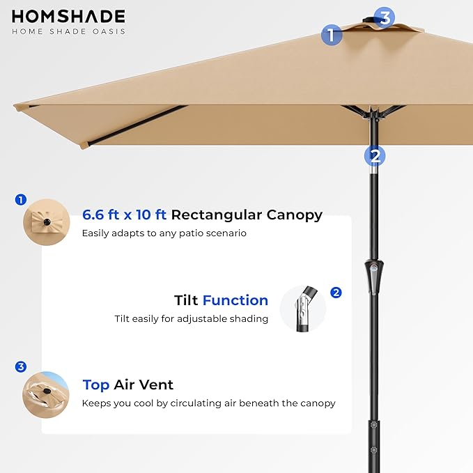 HOMSHADE 6.6 x 10 ft Rectangular Patio Umbrella Rectangle Umbrella Outdoor Patio, Large Outdoor Umbrellas for Patio Table with Tilting and Sun UV Protection for Pool, Deck, Market, Backyard