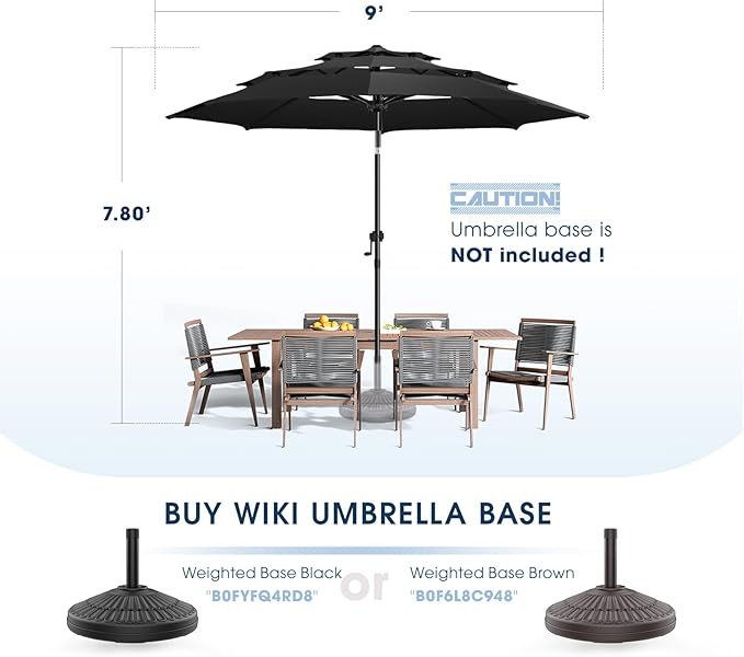 wikiwiki 9ft 3-Tier Patio Umbrella Outdoor Table Market Umbrella for Patio with Push Button Tilt/Crank, Fade Resistant Waterproof POLYESTER Canopy for Garden, Lawn, Deck, Backyard & Pool, Black