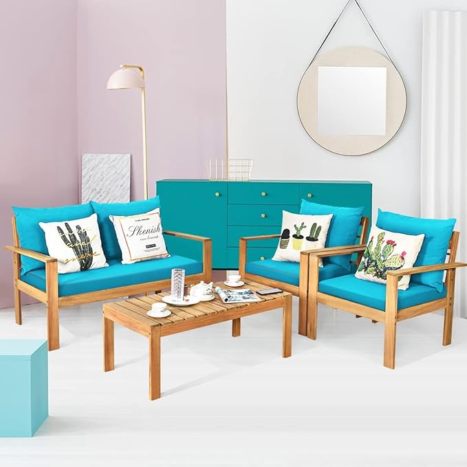 HAPPYGRILL 4 Pieces Wood Patio Conversation Set, Outdoor Furniture Set Wood Sofa Table Set with Cushions, Acacia Wood Chairs & Coffee Table Set for Garden Backyard Poolside