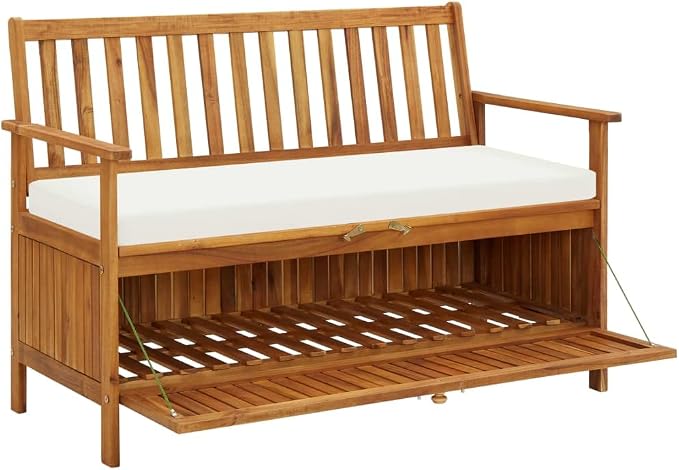 Patio Storage Bench with Cream White Cushion, Outdoor Wooden Deck Box, Solid Wood Patio Furniture for Outdoor Cushions, Pool Storage and Garden Tools, 47.2"x24.8"x33.1", -328