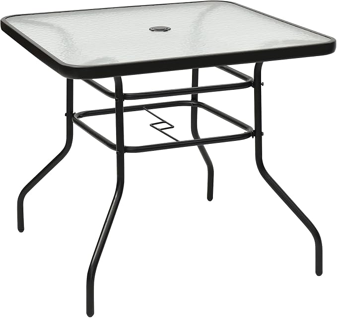 S AFSTAR Bistro Table Outdoor, Square Dining Coffee Table with Umbrella Hole & Tempered Glass Tabletop, Outdoor Patio Pub Table for Patio Garden Poolside Balcony Backyard, 32”L x 32”W x 28”H