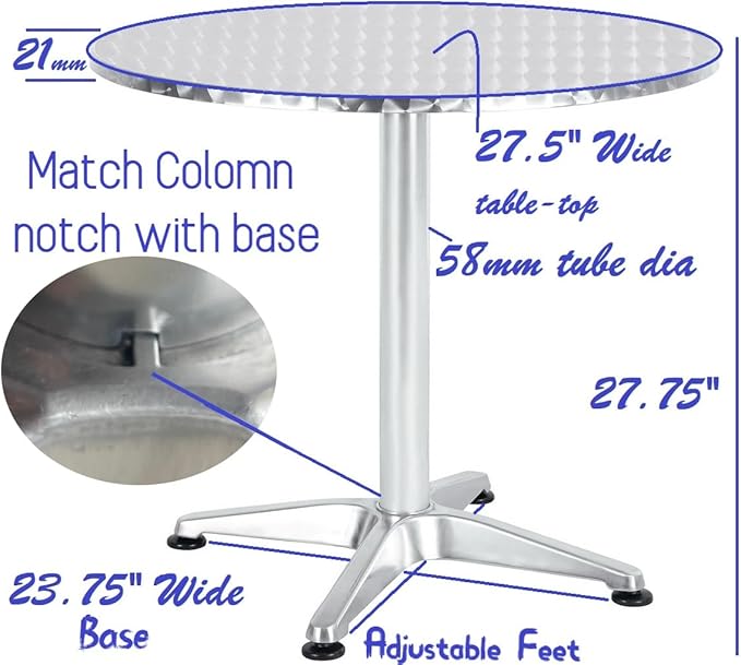 BTEXPERT Set of 2, Indoor Outdoor 27.5" Round Restaurant Table for Patio Stainless Steel Silver Aluminum Furniture with Base