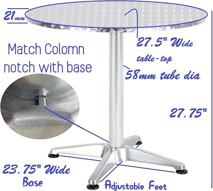 BTEXPERT Indoor Outdoor Restaurant Stainless Steel Aluminum Metal Slat Stack Commercial Lightweight, 3 Chairs with a 27.5" Round Table, Silver/Black