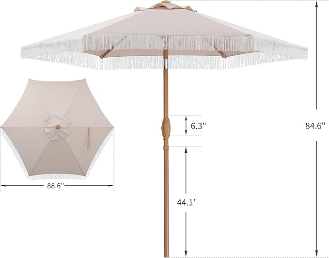 GDY 7.5FT Tassel Patio Umbrella Outdoor Table Umbrella,Market Umbrella with 6 Sturdy Ribs, with Push Button Tilt and Crank for Garden, Lawn, Deck, Backyard & Pool (Camel)