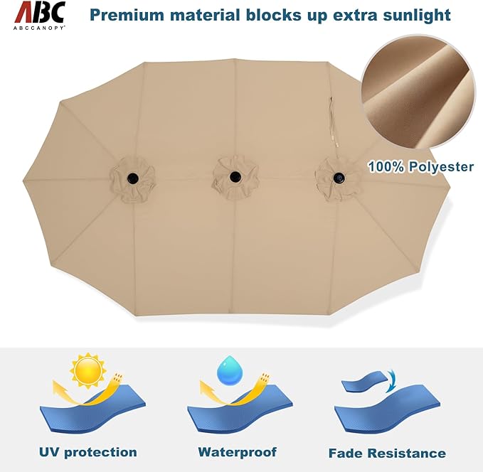 ABCCANOPY 15FT Patio Umbrella with Base, Outdoor Double-Sided Rectangle Umbrella Bonus Latch, Wights for Poolside, Lawn, Backyard (Khaki)