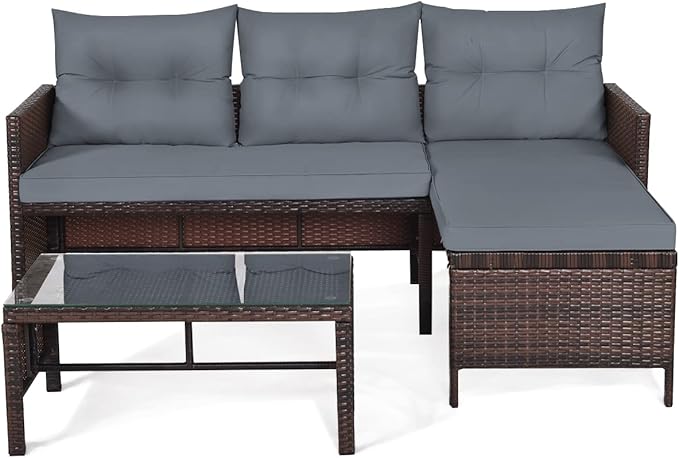Fireflowery 3-Piece Outdoor Rattan Sectional Sofa Set, Patio Wicker Rattan Conversation Furniture Set, Steel Frame & Seat Cushion, Perfect for Garden Lawn Pool Backyard (Grey)