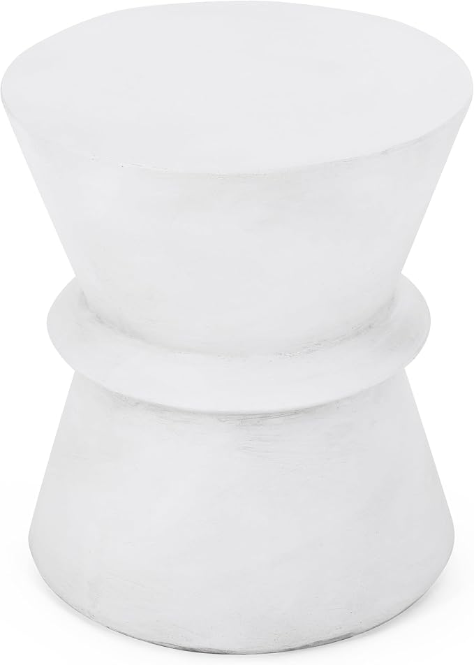 Outdoor Side Table 15.5" Hourglass Shape Lightweight Concrete-Look Outdoor Indoor Accent Table Decorative Garden Stools, for Patio Porch Living Room, White
